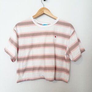 Champion Striped Pink and White Cropped Boyfriend Skater T-Shirt - Size Large